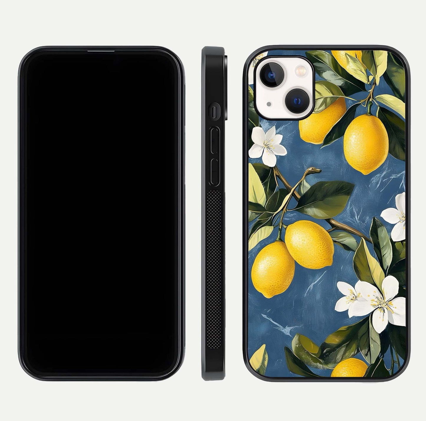 Lemon Dream Garden Glass Case for iPhone 14 Plus front and back view layout highlighting garden tones and edges