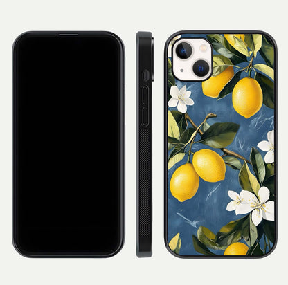 Lemon Dream Garden Glass Case for iPhone 14 Plus front and back view layout highlighting garden tones and edges