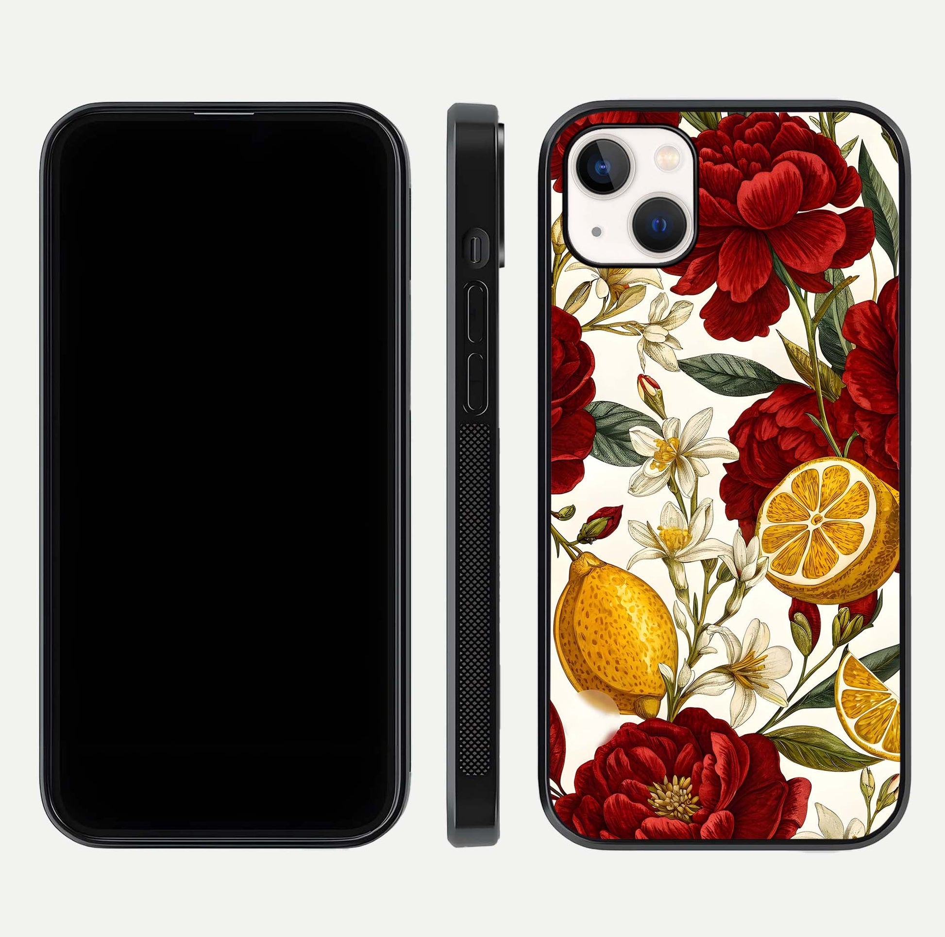 Lemon Rose Charm Glass Case for iPhone 14 Plus front & back layout highlighting soft yellow tones and curved edges