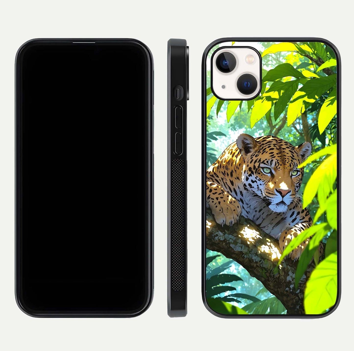 Leopard in Jungle Glass Case for iPhone 14 Plus front & back layout with premium edge detailing and vivid jungle art
