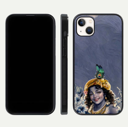 Lord Krishna Glass Case for iPhone 14 Plus front & back layout displaying soft tones and elegant edges