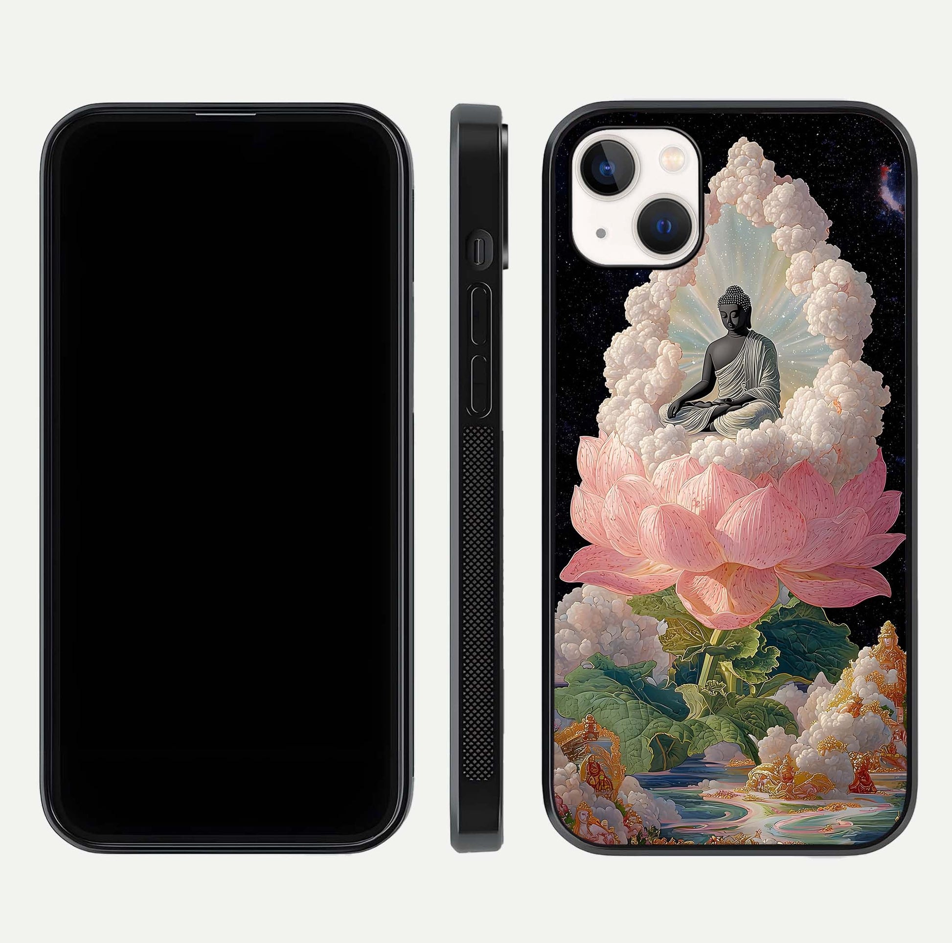 Lotus Divine Peace Glass Case for iPhone 14 Plus front & back layout highlighting soft pink hues and curved edges