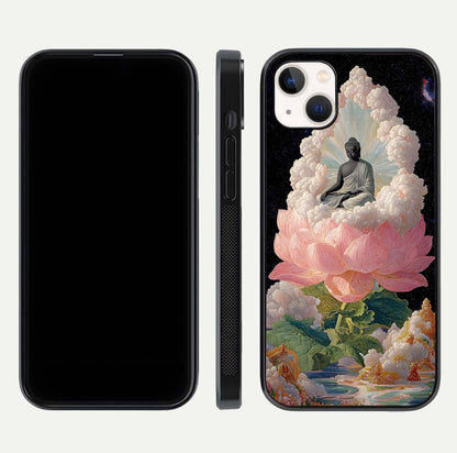 Lotus Divine Peace Glass Case for iPhone 14 Plus front & back layout highlighting soft pink hues and curved edges