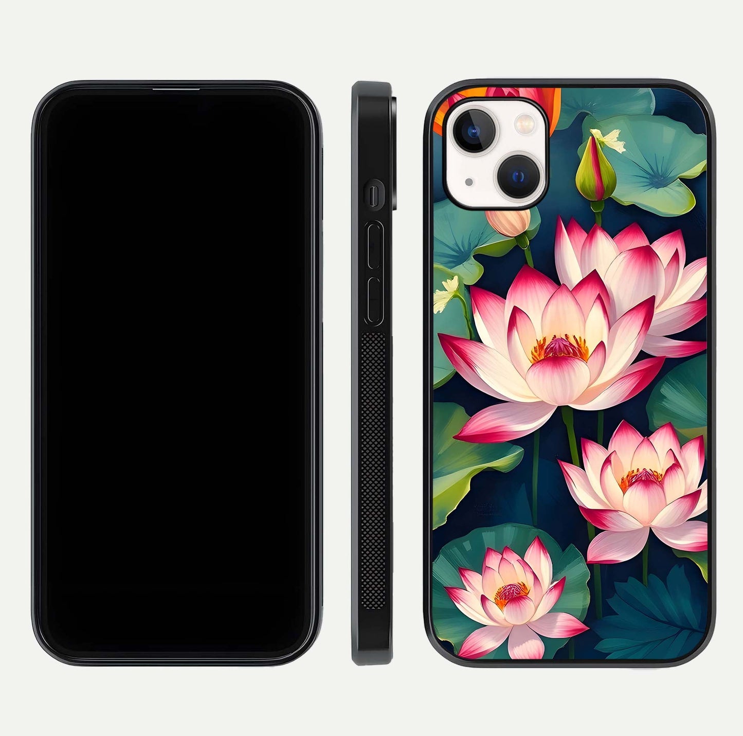 Lotus Dream Serenity Glass Case for iPhone 14 Plus front & back layout with elegant finish and edge curve