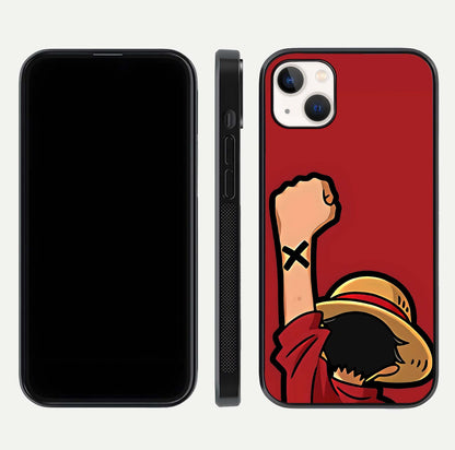 Luffy X Spirit Glass Case for iPhone 14 Plus front & back layout displaying anime theme and curved edges