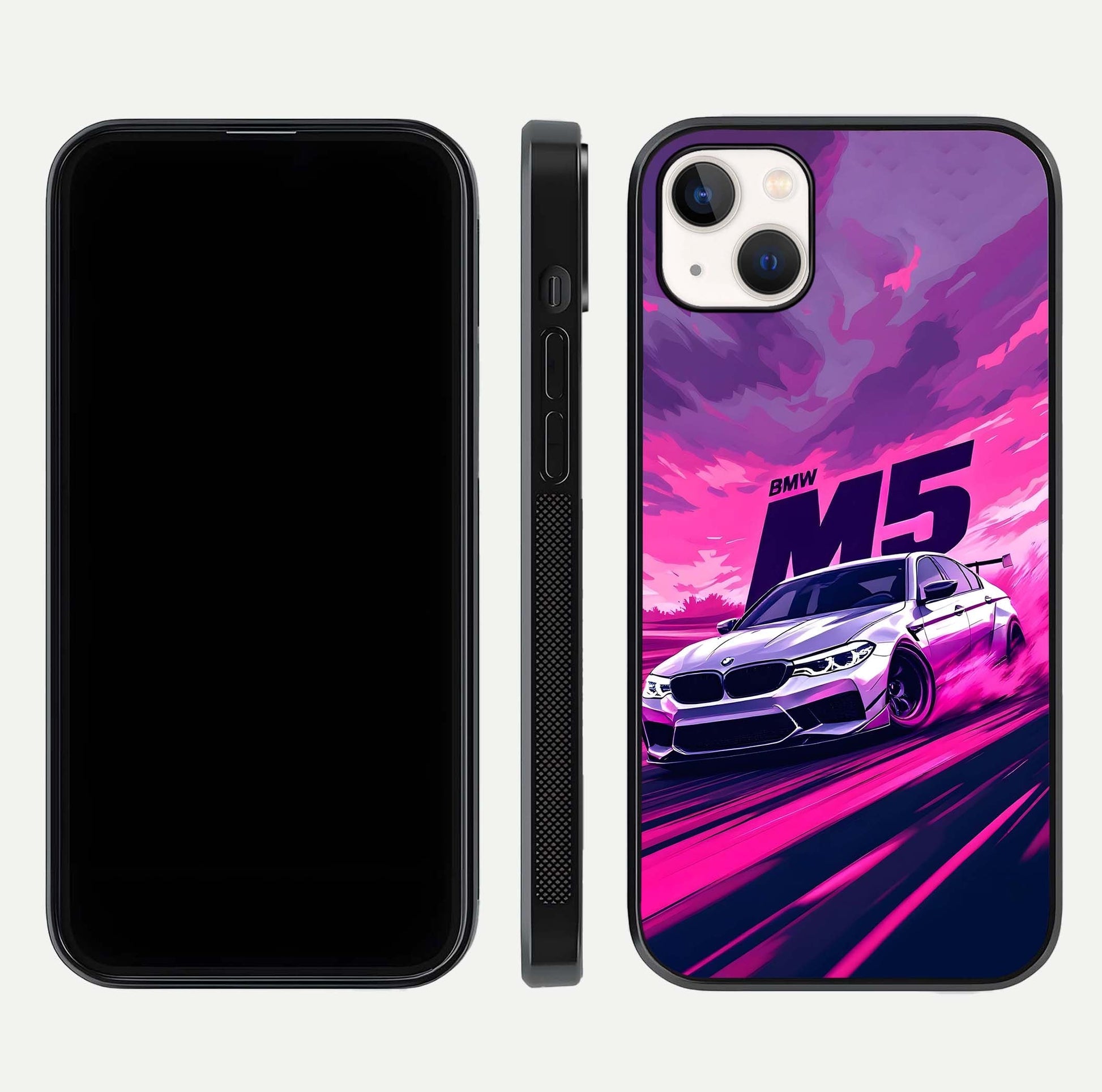 MS Neon Car Glass Case for iPhone 14 Plus front & back layout highlighting automotive art and curved design