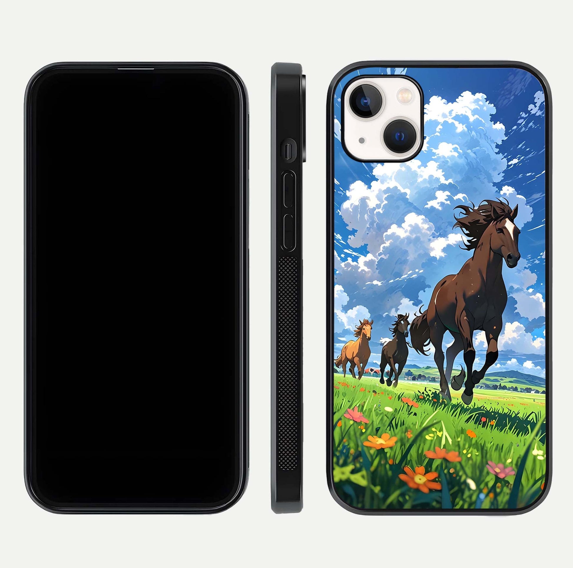 Majestic Horses Galloping Glass Case for iPhone 14 Plus front & back layout highlighting dynamic design and edges