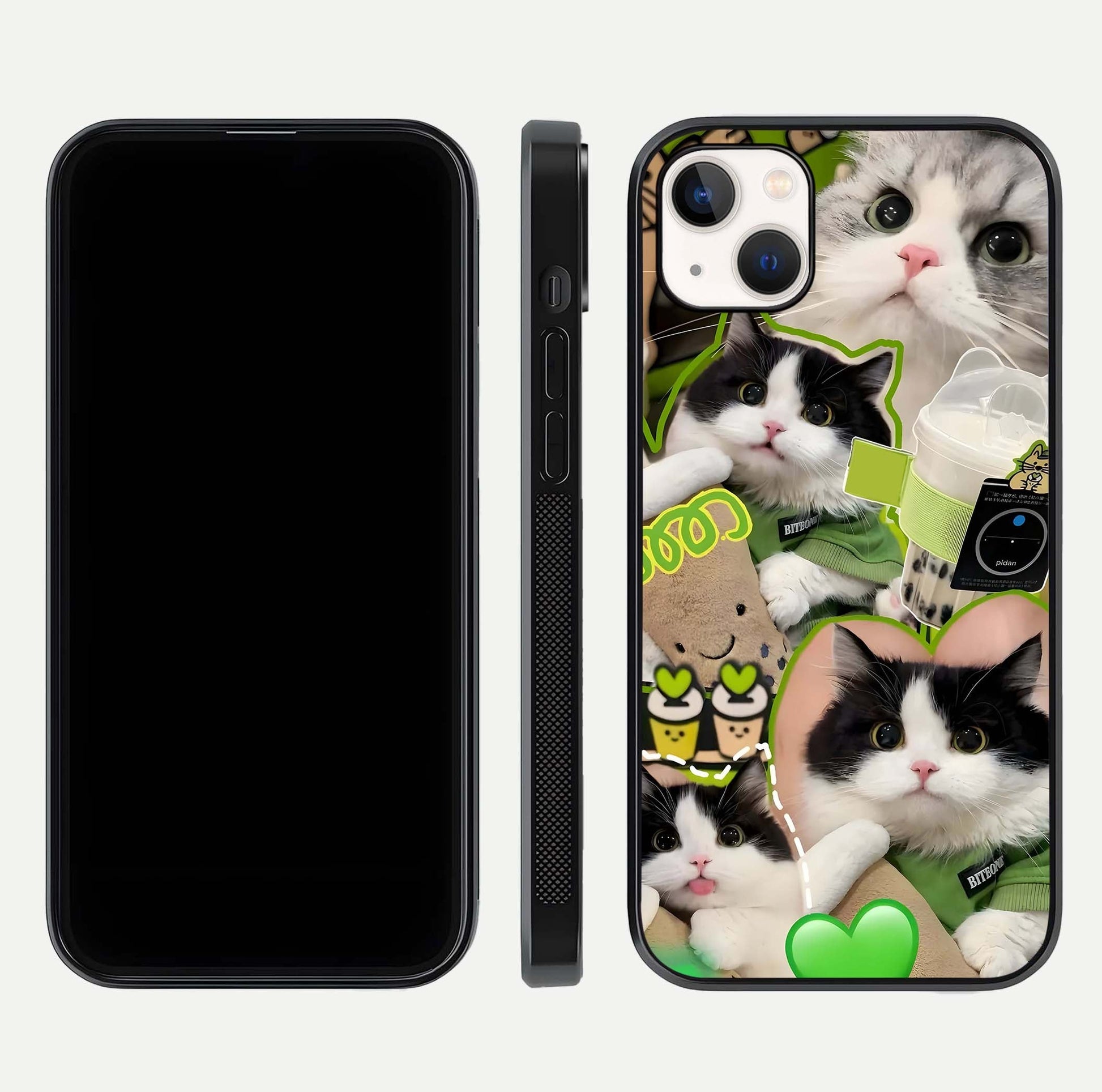 Matcha Cats Mood Glass Case for iPhone 14 Plus front & back layout highlighting cute theme and smooth edges