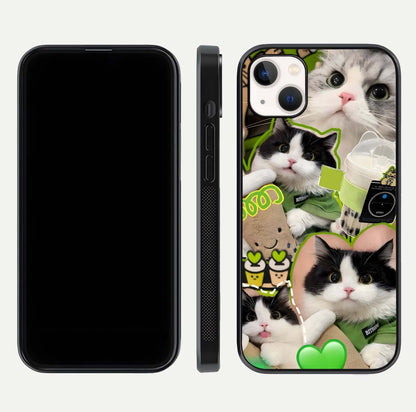 Matcha Cats Mood Glass Case for iPhone 14 Plus front & back layout highlighting cute theme and smooth edges