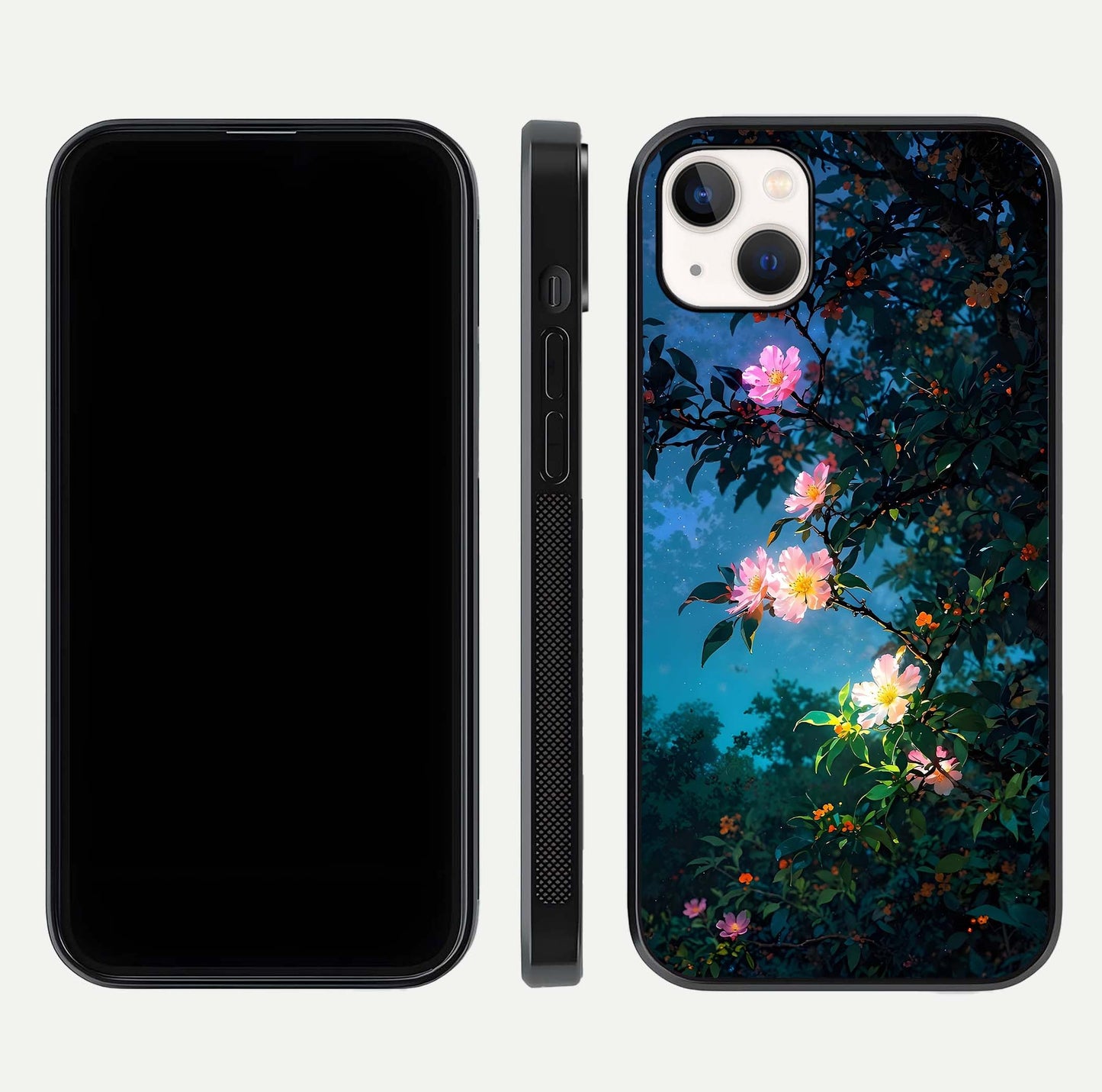 Midnight Bloom Glow Glass Case for iPhone 14 Plus front & back layout highlighting moody tones and smooth finish