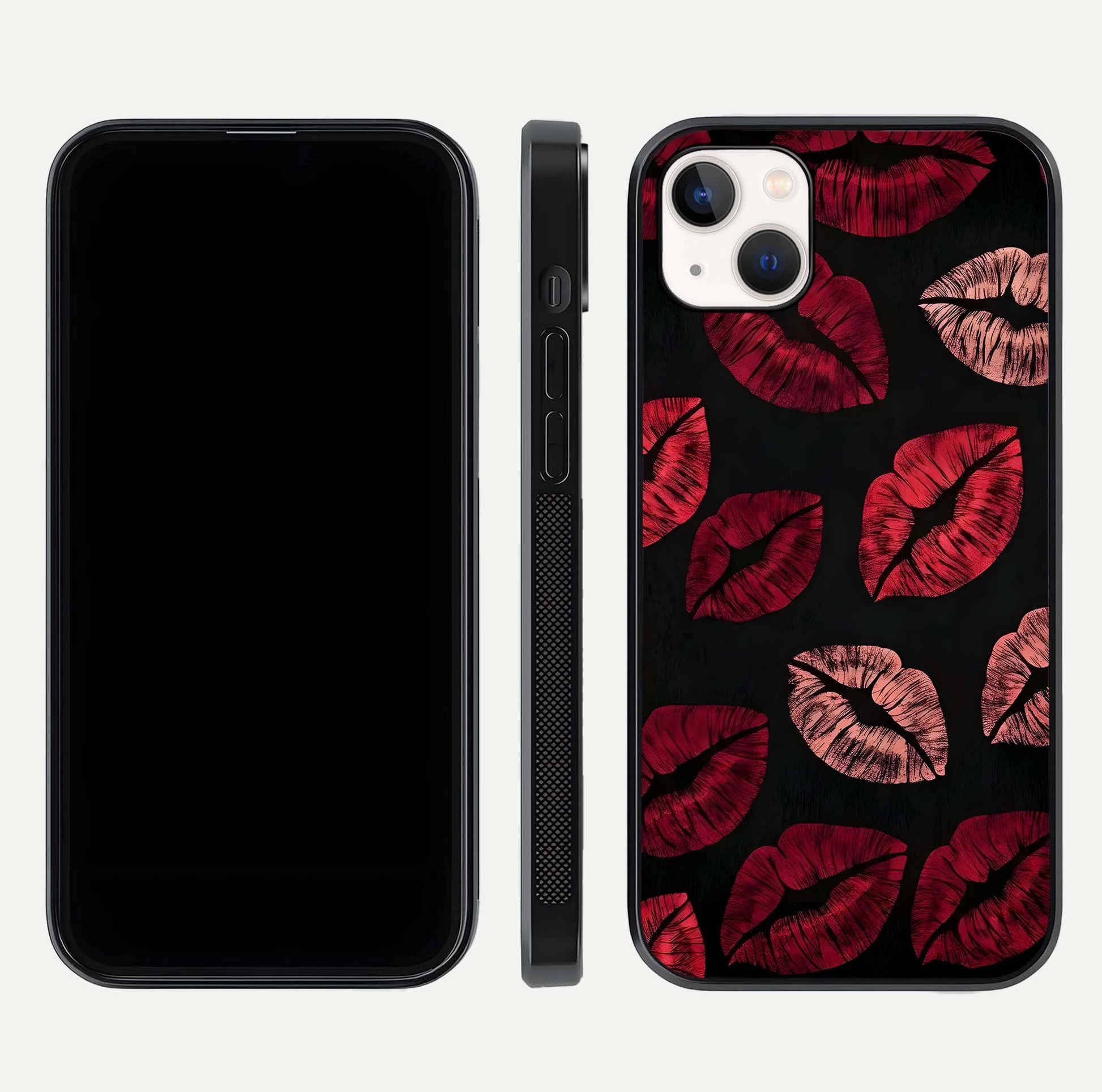 Midnight Kiss Love Glass Case for iPhone 14 Plus front & back view layout showing romantic theme and smooth curves