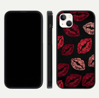 Midnight Kiss Love Glass Case for iPhone 14 Plus front & back view layout showing romantic theme and smooth curves
