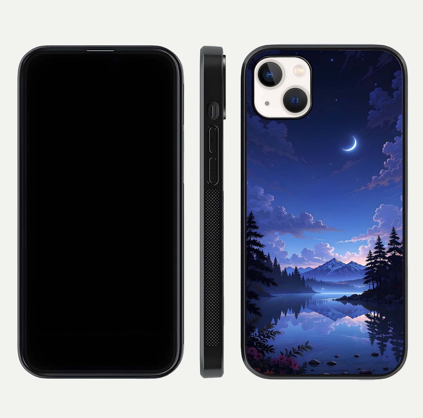 Midnight Lake Peace Glass Case for iPhone 14 Plus front & back layout highlighting calm design and curved edges
