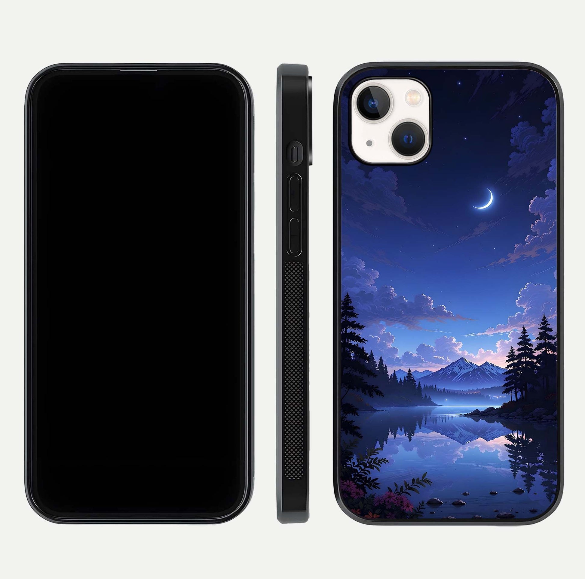 Midnight Lake Peace Glass Case for iPhone 14 Plus front & back layout highlighting calm design and curved edges