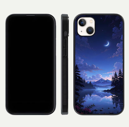 Midnight Lake Peace Glass Case for iPhone 14 Plus front & back layout highlighting calm design and curved edges
