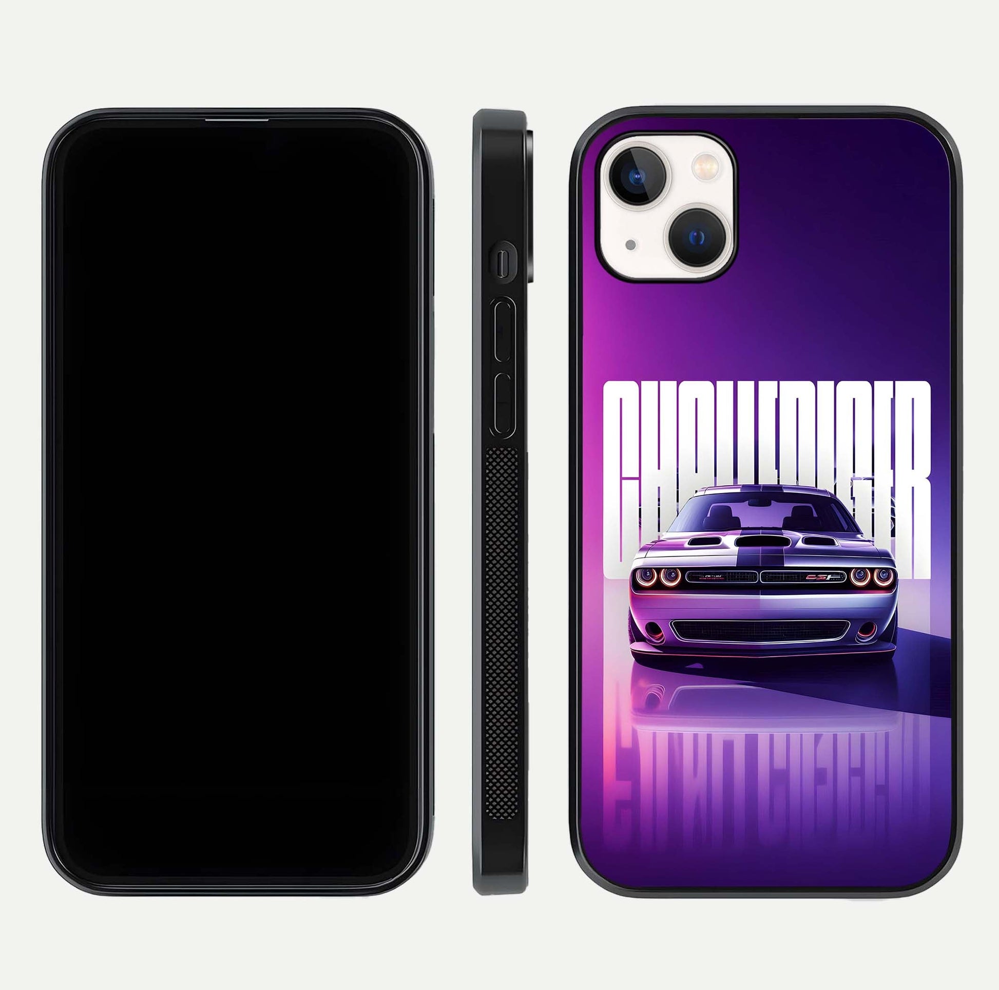 Midnight Muscle Ride Glass Case for iPhone 14 Plus front & back layout with dark automotive tones and edges