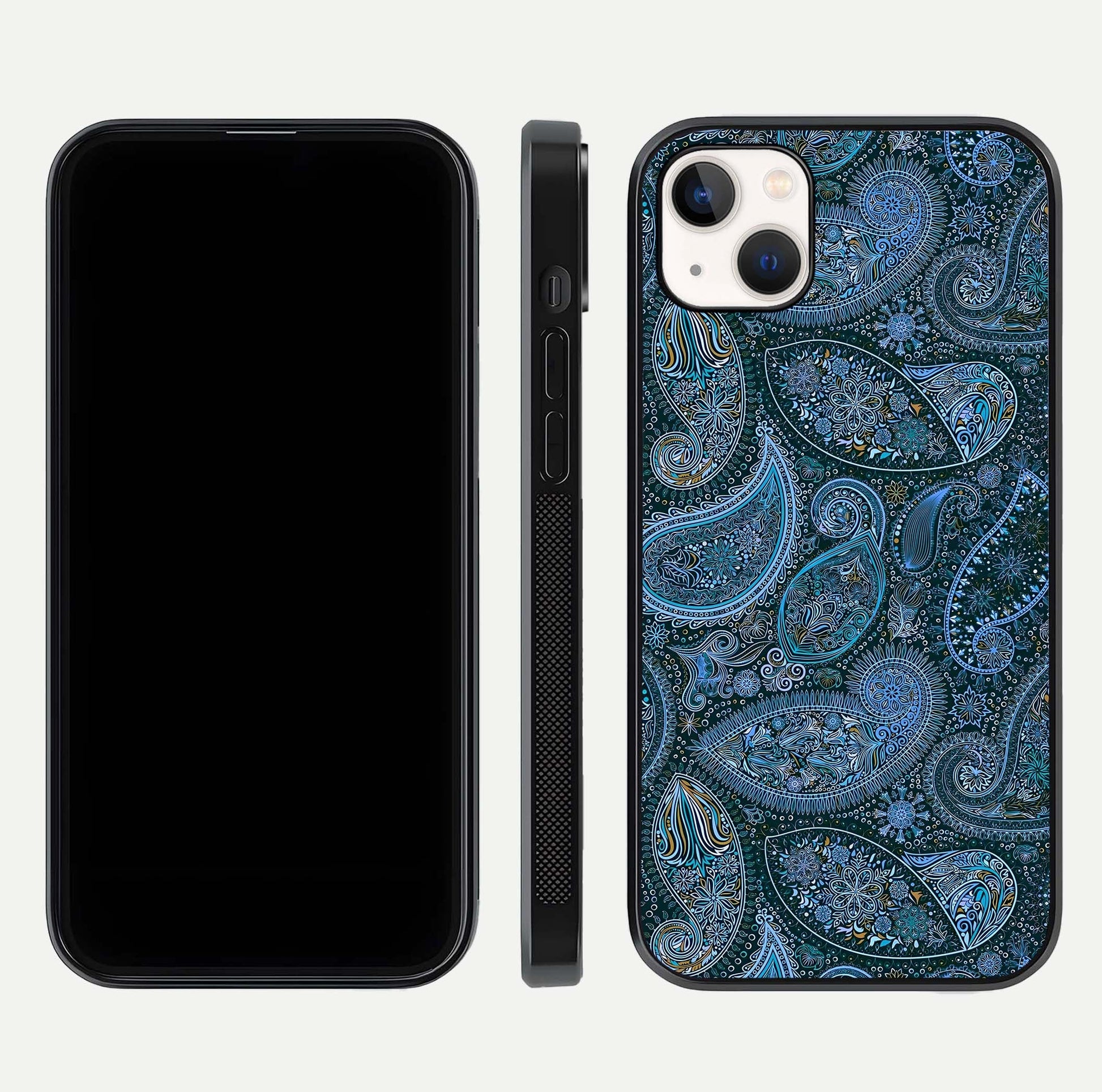 Midnight Paisley Glow Glass Case for iPhone 14 Plus front & back layout highlighting elegant edge finish
