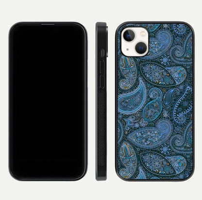 Midnight Paisley Glow Glass Case for iPhone 14 Plus front & back layout highlighting elegant edge finish