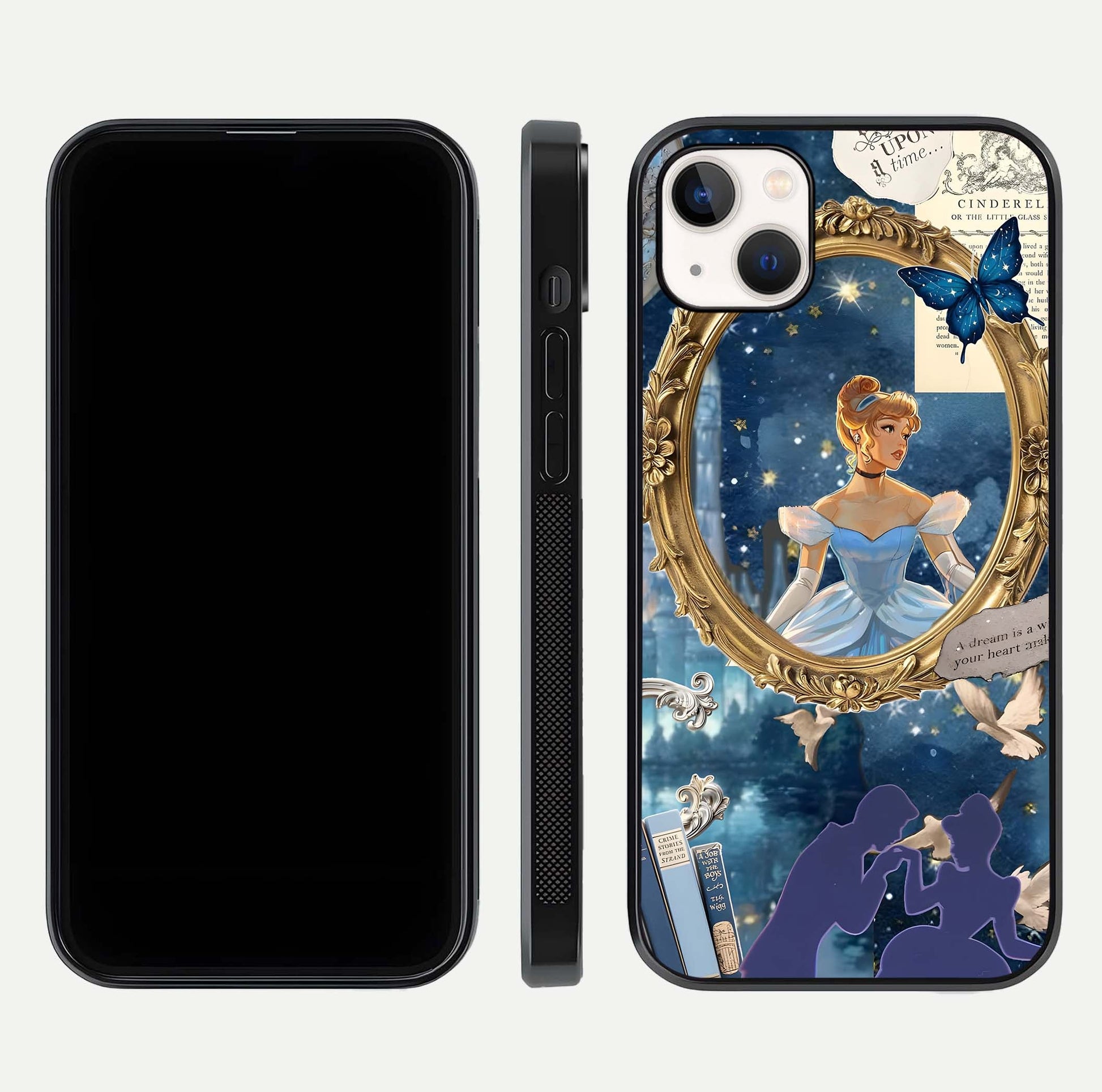Midnight Queen Glass Case for iPhone 14 Plus front & back layout displaying regal tones and smooth edges