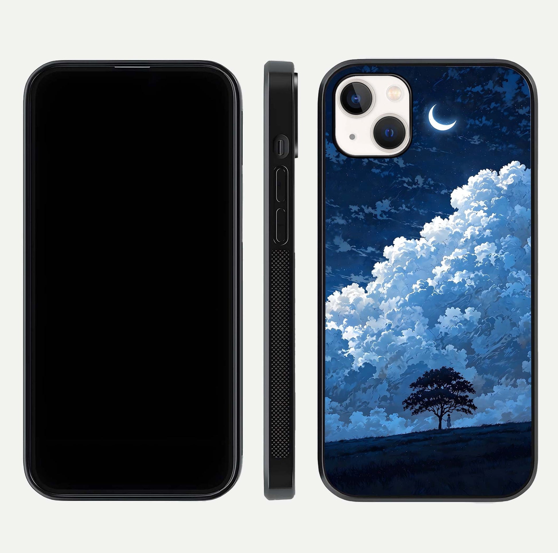 Midnight Sky Serenity Glass Case for iPhone 14 Plus front & back layout highlighting celestial art and curves