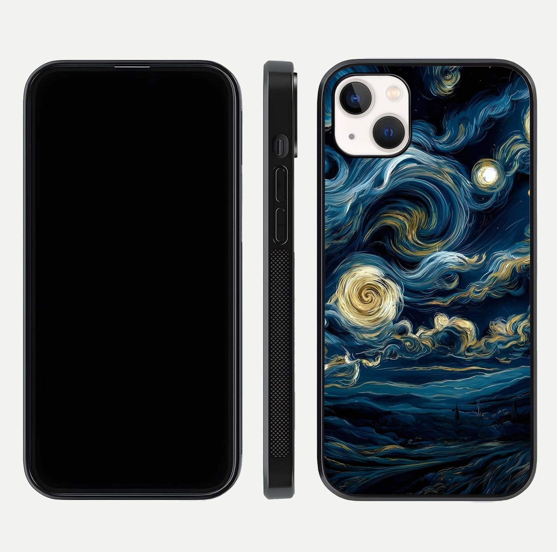 Midnight Sky Whirl Glass Case for iPhone 14 Plus front & back layout highlighting celestial movement art