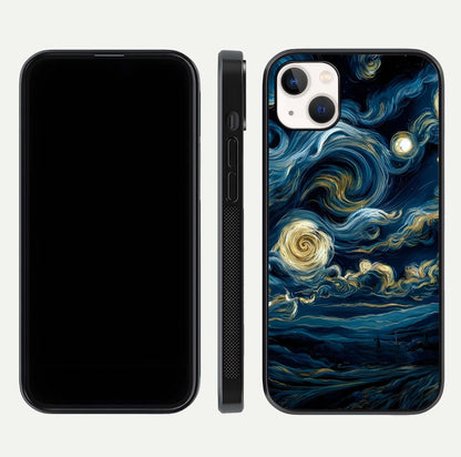 Midnight Sky Whirl Glass Case for iPhone 14 Plus front & back layout highlighting celestial movement art