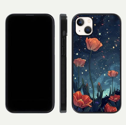 Midnight Tulip Glow Glass Case for iPhone 14 Plus front & back layout highlighting floral glow and curved edges