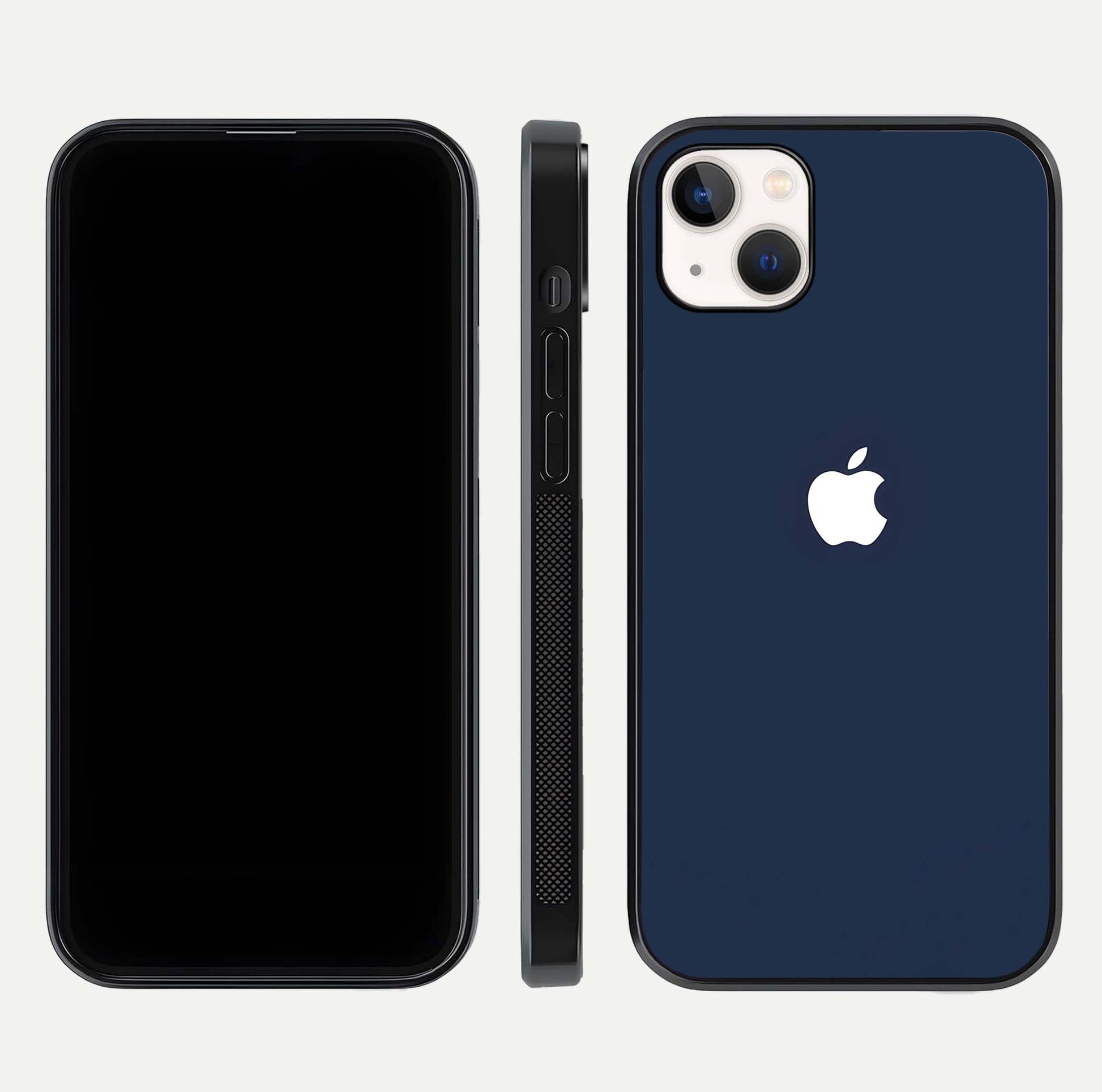 Minimal Apple Night Glass Case for iPhone 14 Plus front & back layout highlighting simplicity and edge curve