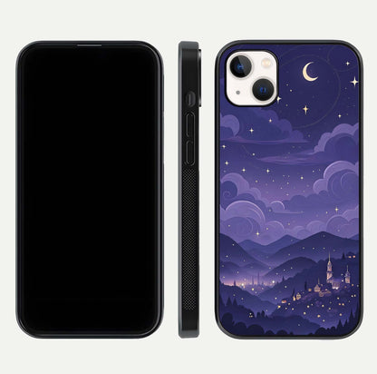 Minimal Night View Glass Case for iPhone 14 Plus front & back layout highlighting minimal night vibe and curves
