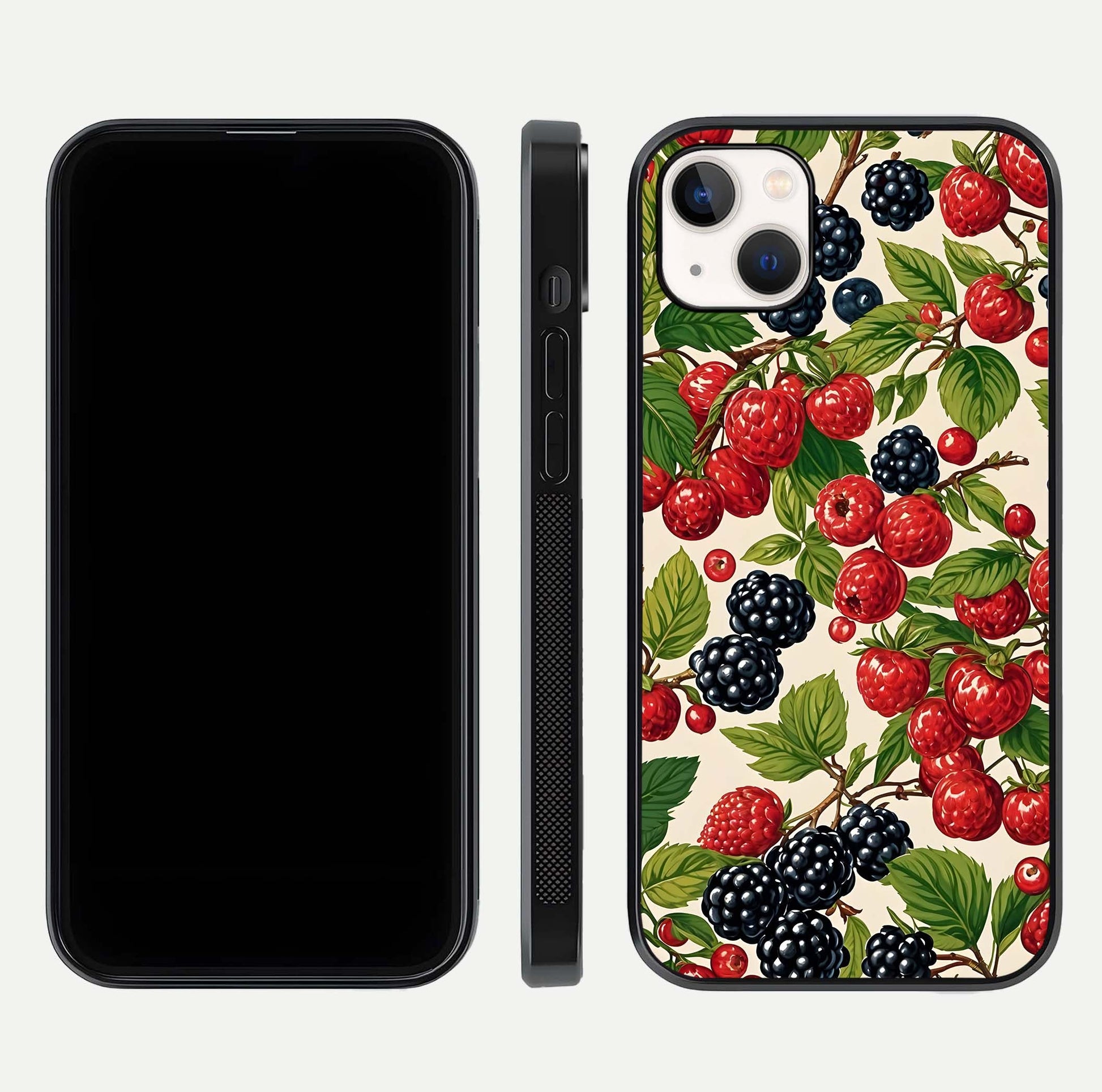 Mixed Berry Collage Glass Case for iPhone 14 Plus front & back layout highlighting colorful art and curved edges