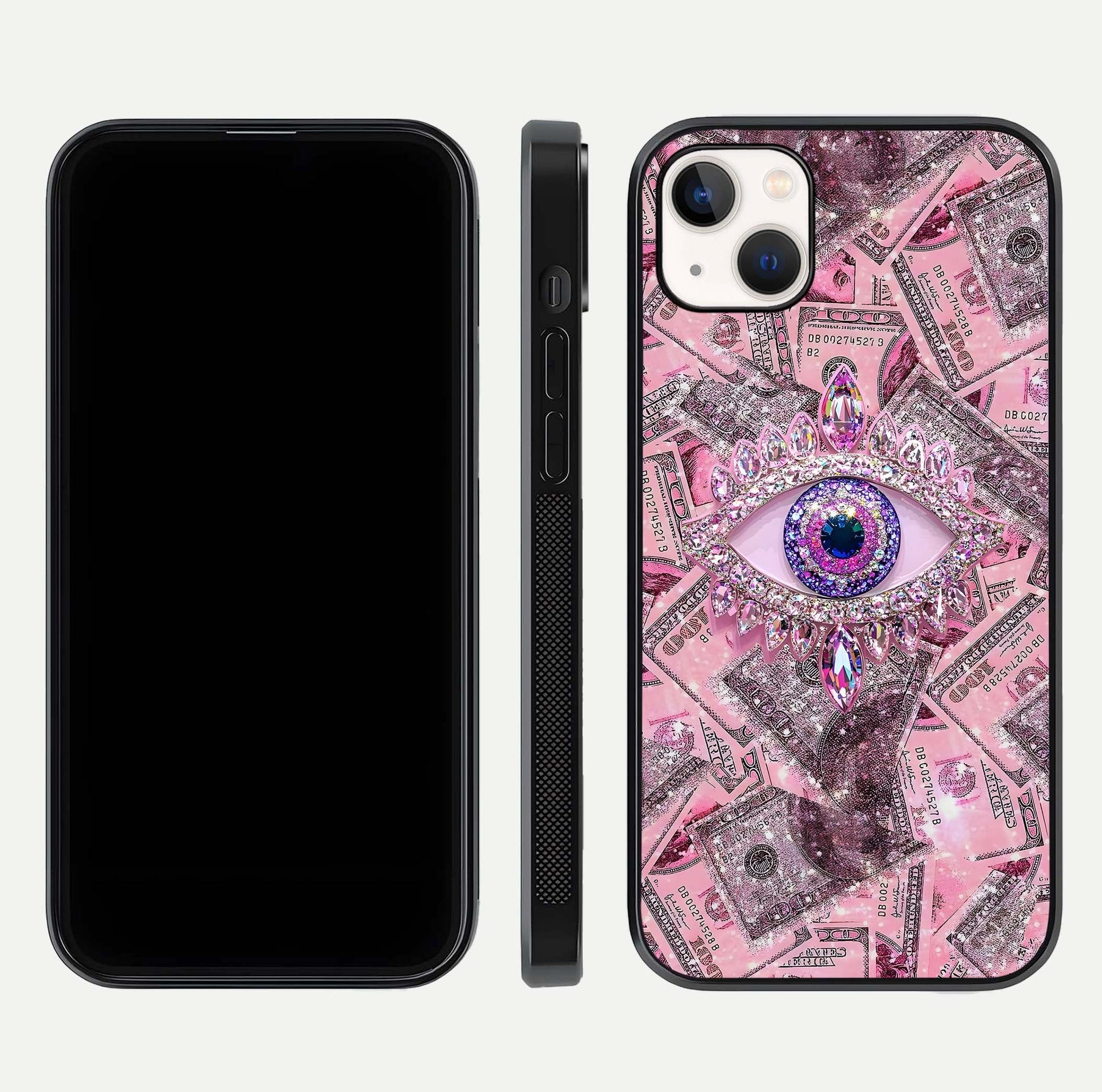 Money Eye Luxe Glass Case for iPhone 14 Plus front & back layout highlighting luxury edge design and bold art