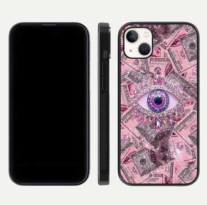 Money Eye Luxe Glass Case for iPhone 14 Plus front & back layout highlighting luxury edge design and bold art