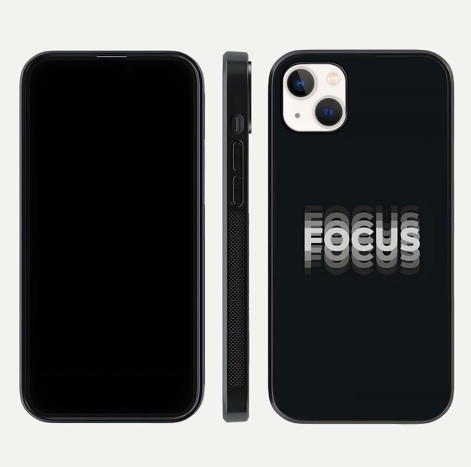 Mono Focus Vision Glass Case for iPhone 14 Plus front & back layout showing clean focus lines and curved edges