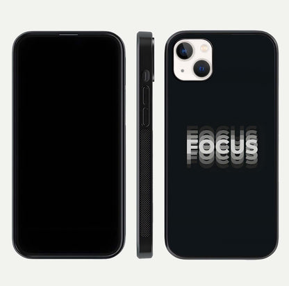 Mono Focus Vision Glass Case for iPhone 14 Plus front & back layout showing clean focus lines and curved edges