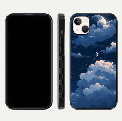 Moon Dream Haze Glass Case for iPhone 14 Plus front & back layout highlighting dreamy design and curved shape