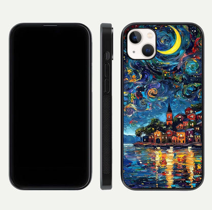 Moonlight Harbor Glow Glass Case for iPhone 14 Plus front & back layout highlighting calm harbor tones