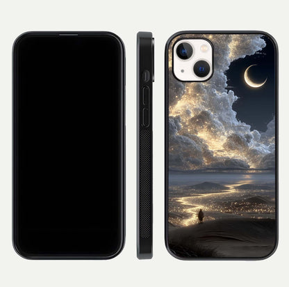 Moonlight Spark Path Glass Case for iPhone 14 Plus front & back layout highlighting calm tones and sleek edges