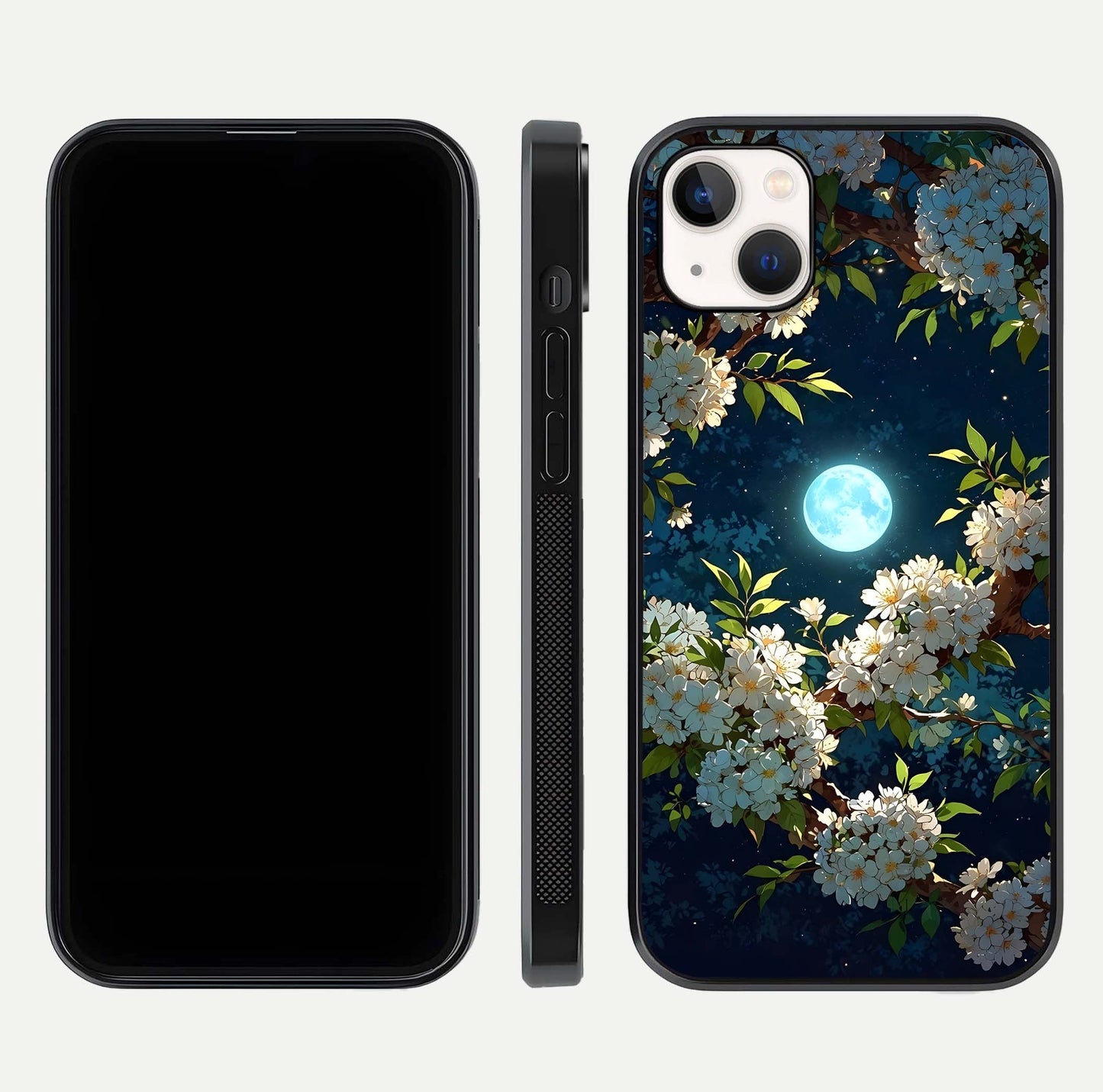 Moonlit Blossom Dream Glass Case for iPhone 14 Plus front & back layout highlighting moonlit tones and edges