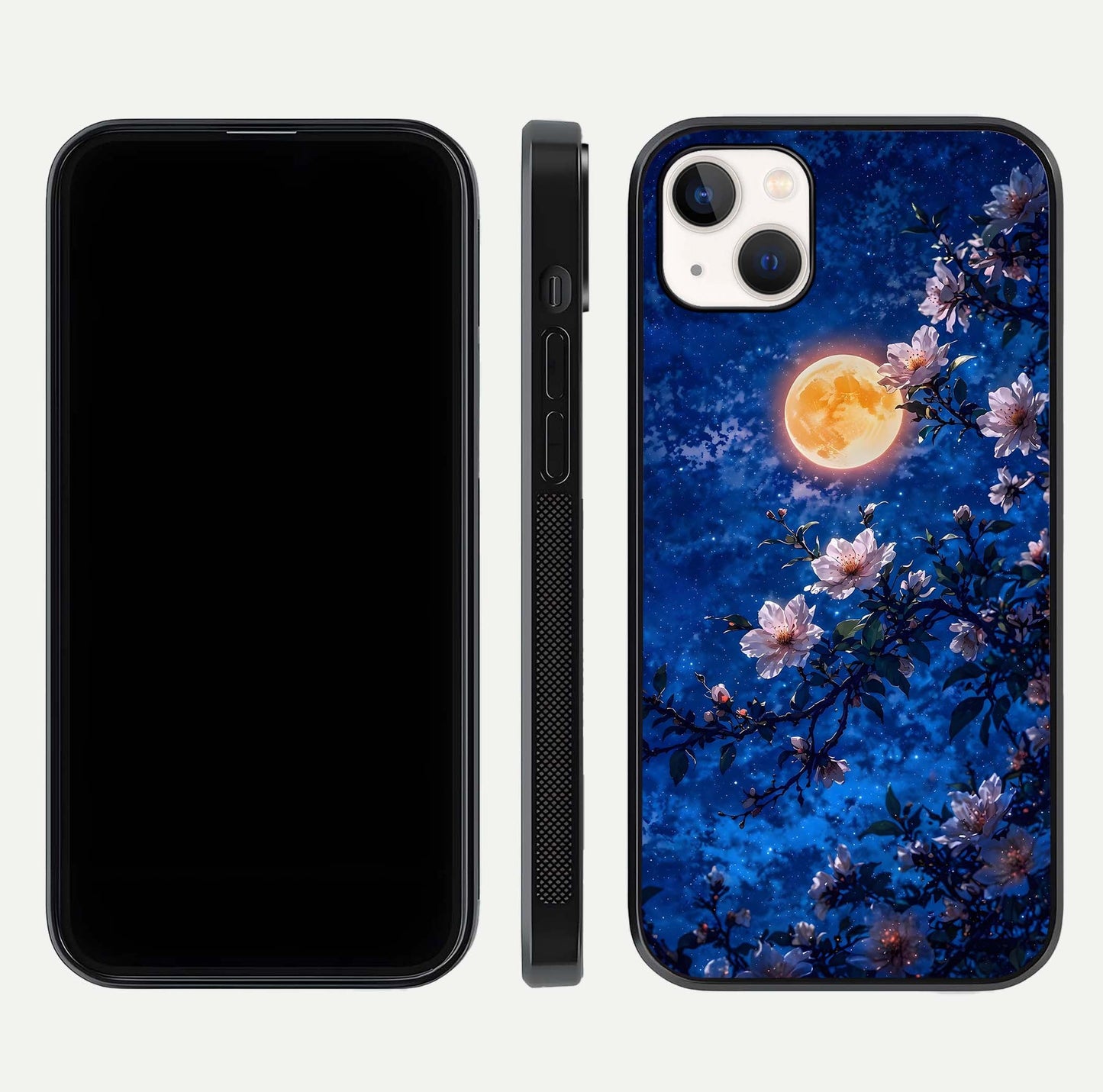 Moonlit Blossoms Night Glass Case for iPhone 14 Plus front & back layout highlighting moonlit tones and curved edges