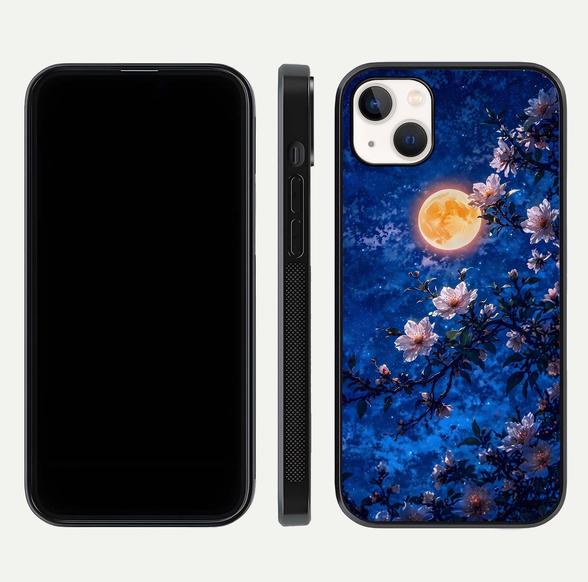 Moonlit Blossoms Night Glass Case for iPhone 14 Plus front & back layout highlighting moonlit tones and curved edges