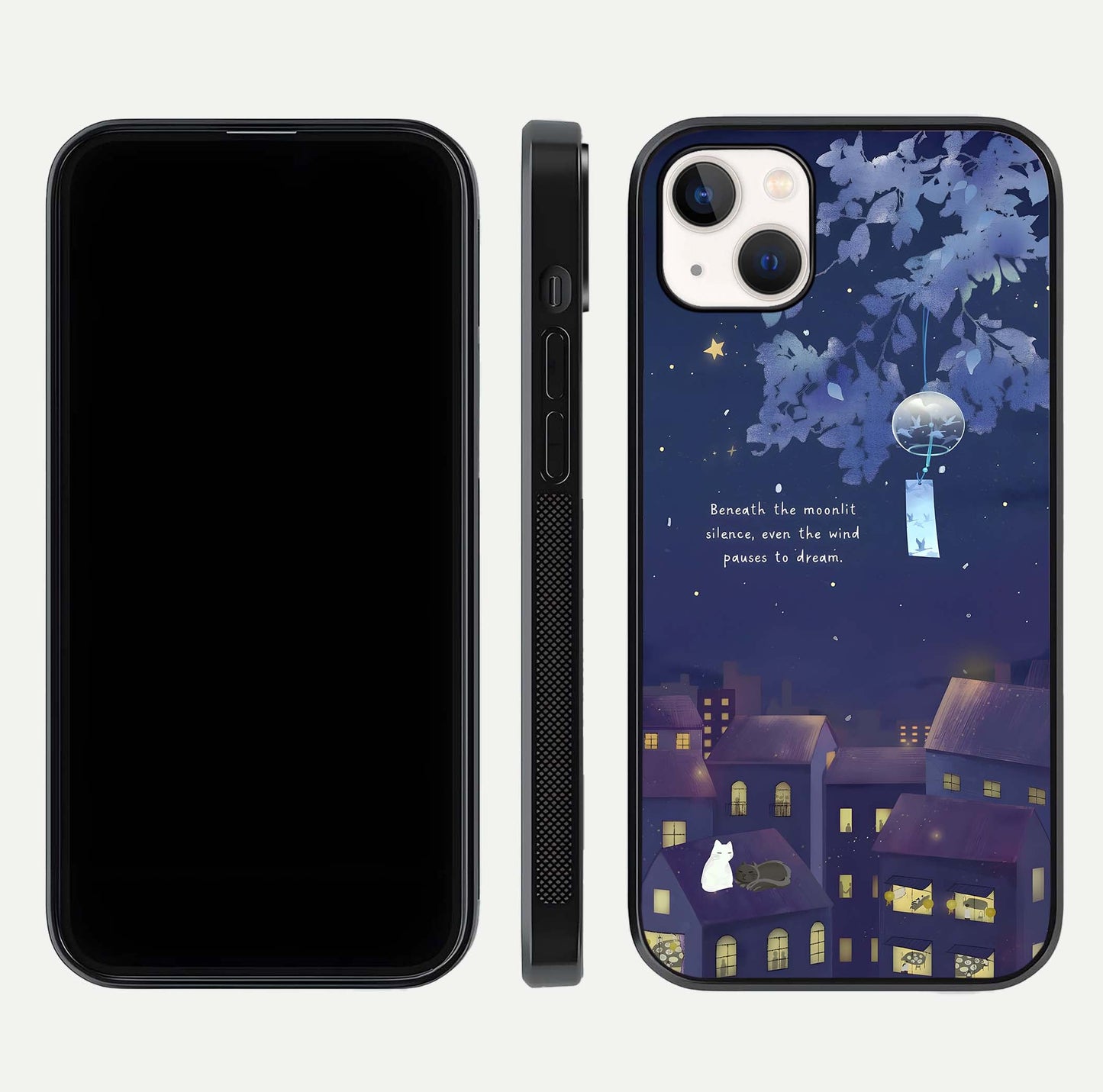 Moonlit Cat Silence Glass Case for iPhone 14 Plus front & back layout highlighting calm tones and edge detail