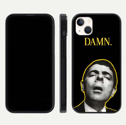 Mr Bean Damn Glass Case for iPhone 14 Plus front & back layout displaying fun artwork and curved smooth edges