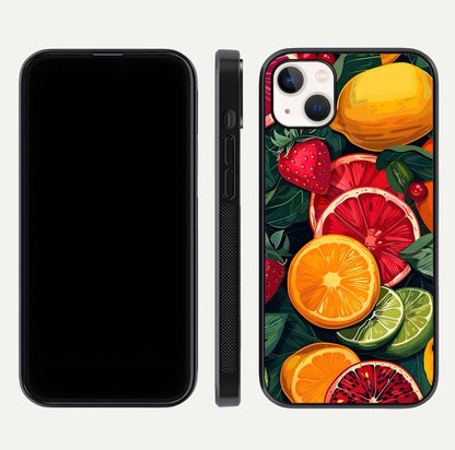 Multiple Fruits Glass Case for iPhone 14 Plus front & back layout highlighting vibrant tones and curved edges