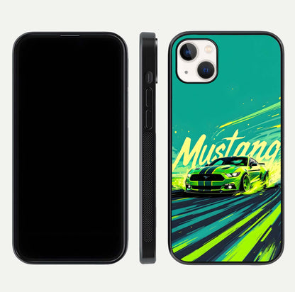 Mustang Bang Glass Case for iPhone 14 Plus front & back layout highlighting dark automotive tones and edge detail