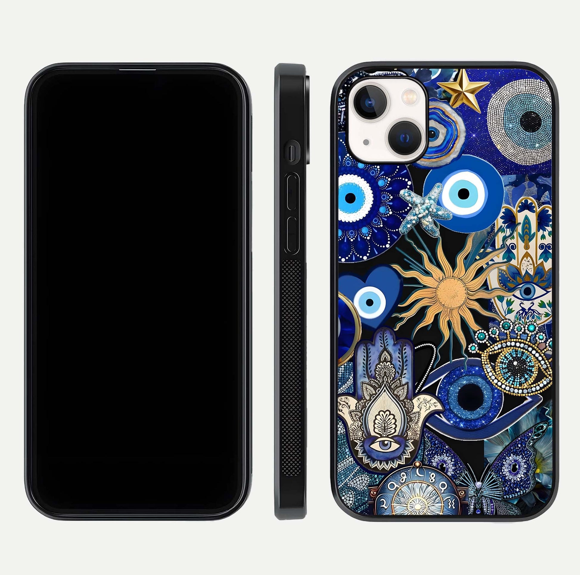 Mystic Blue Evil Eye Glass Case for iPhone 14 Plus front & back layout showing elegant tones and edge finish
