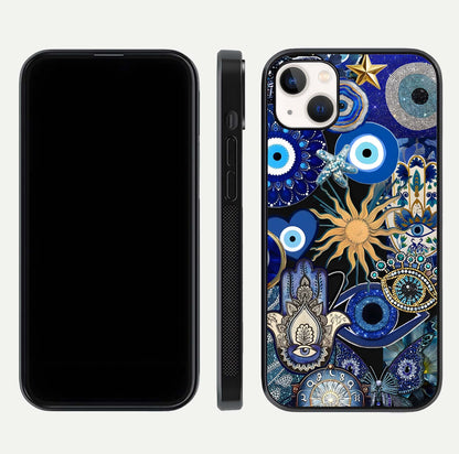 Mystic Blue Evil Eye Glass Case for iPhone 14 Plus front & back layout showing elegant tones and edge finish