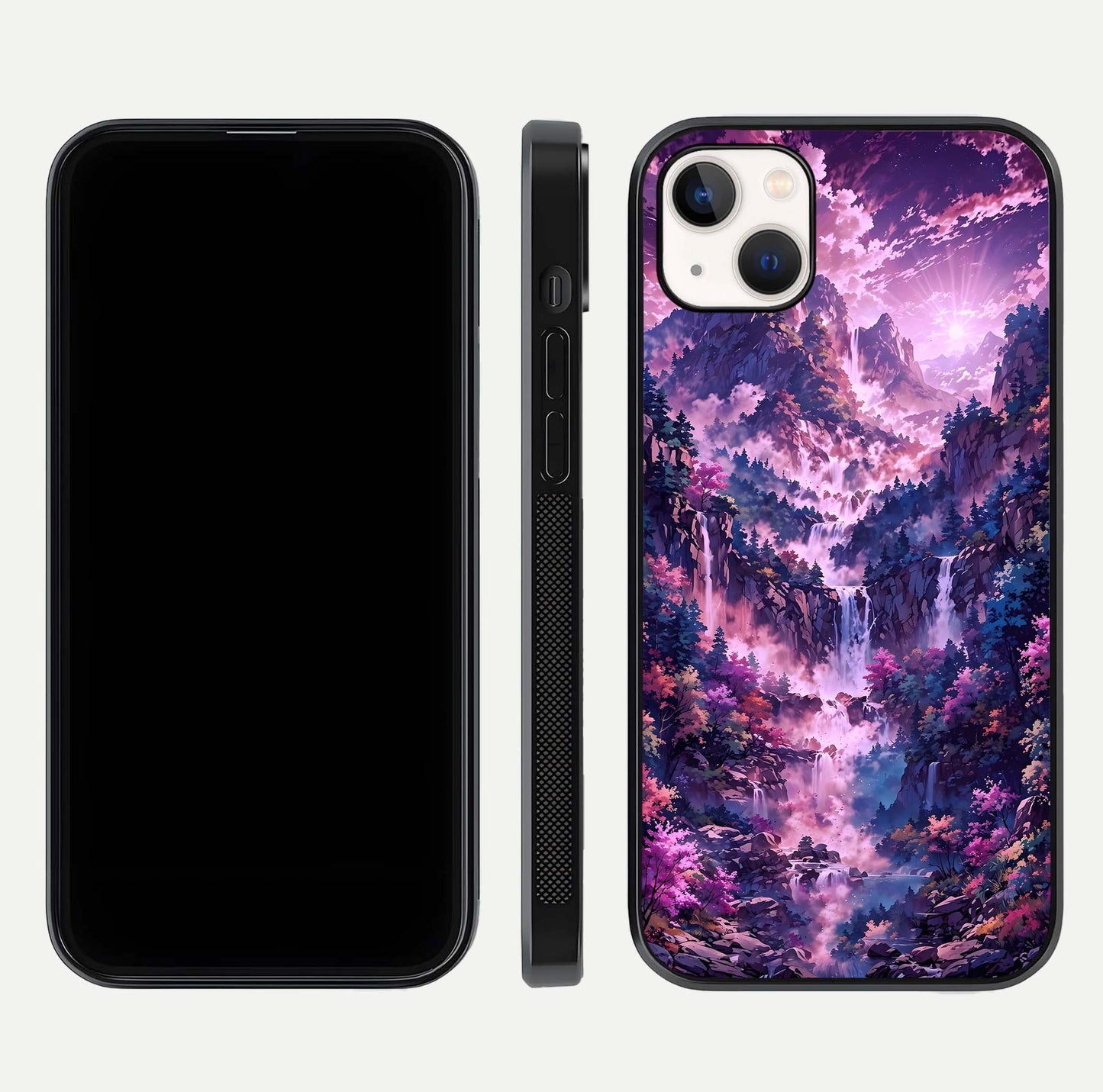 Mystic Cascade Peaks Glass Case for iPhone 14 Plus front & back layout highlighting HD landscape tones