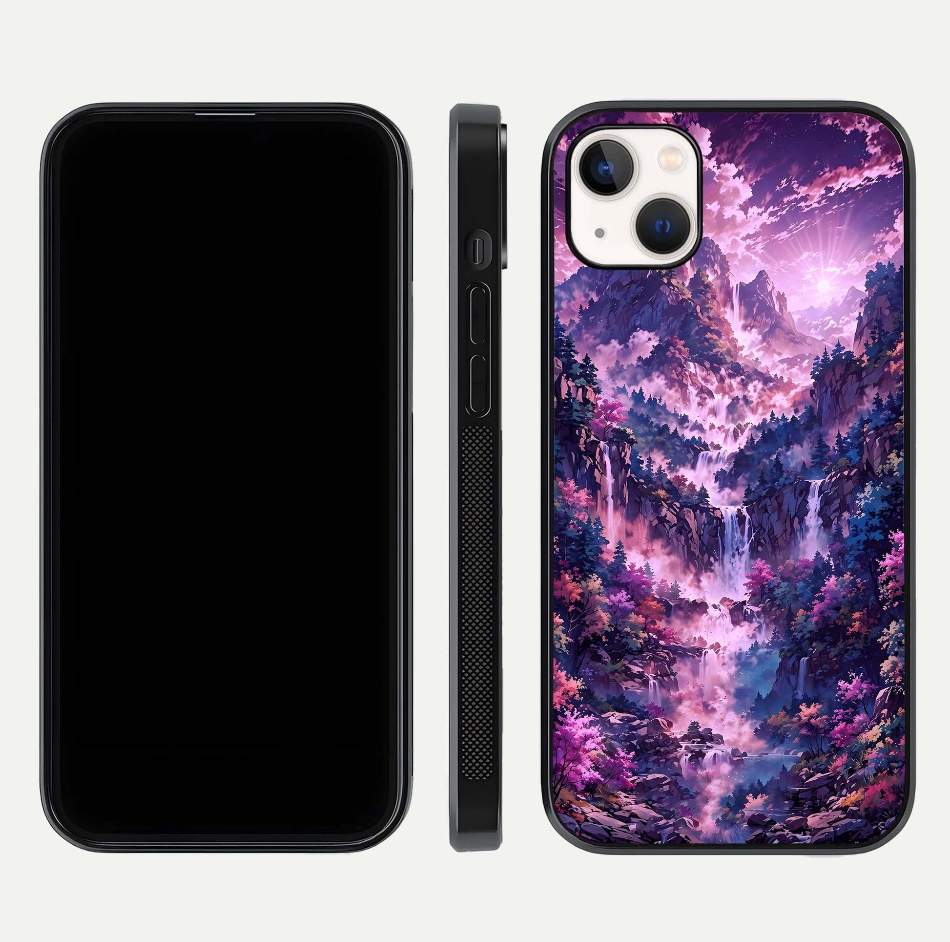 Mystic Cascade Peaks Glass Case for iPhone 14 Plus front & back layout highlighting HD landscape tones