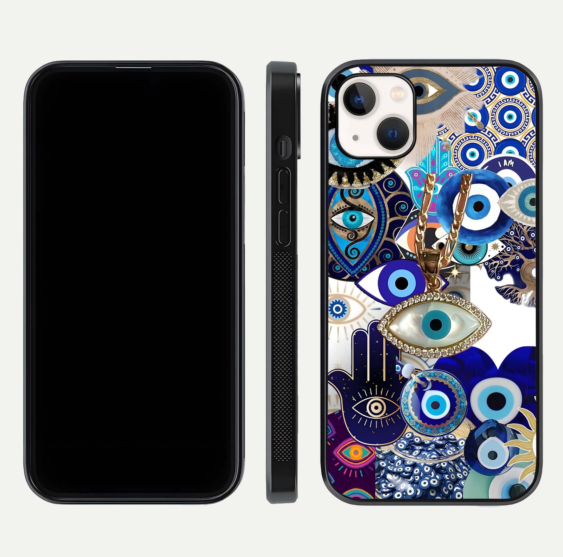 Mystic Charm Eye Glass Case for iPhone 14 Plus front & back layout highlighting spiritual design and edges