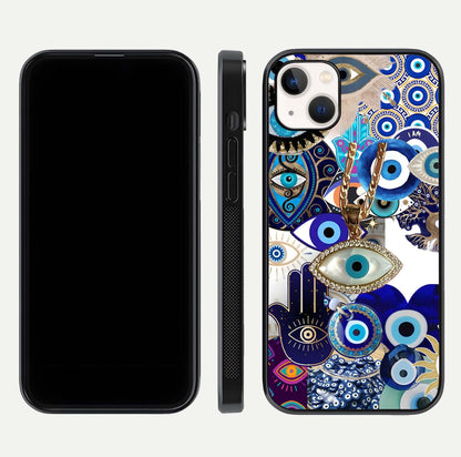 Mystic Charm Eye Glass Case for iPhone 14 Plus front & back layout highlighting spiritual design and edges